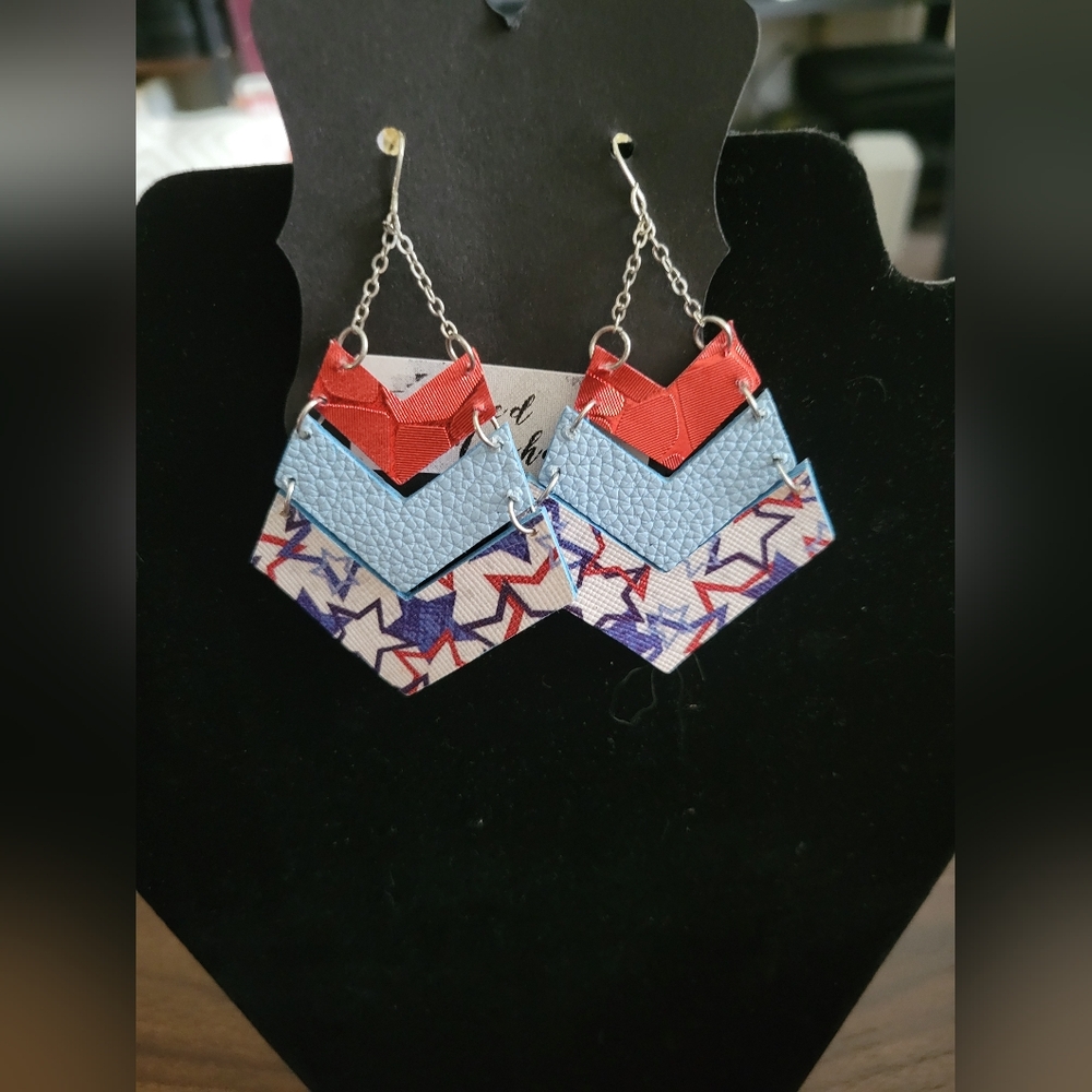 Chevron Star Pattern Earrings in Red, White and Blue
